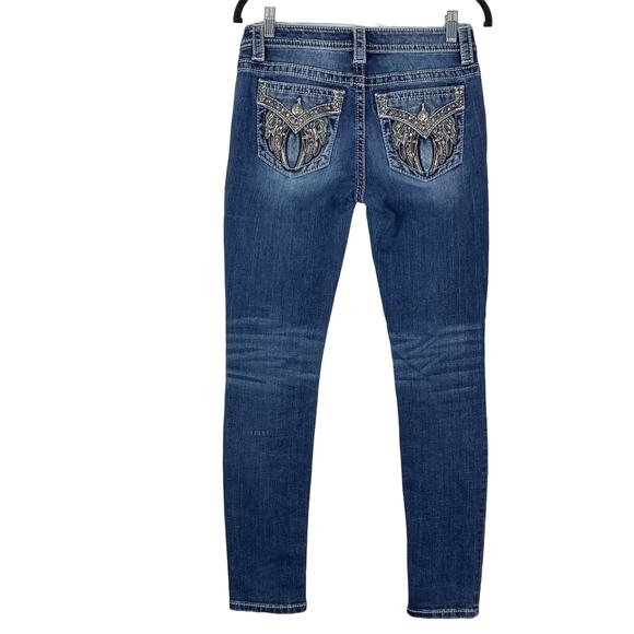 NWOT MISS ME Jeans 27 Navy Embroidered Sequin Wings Pockets Skinny Metal-Buttons